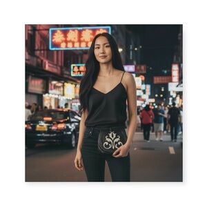 new Blush B-Lush ༄ Cavalier Leather + Fur Pouchette Clutch Handbag Bag ༄ Black